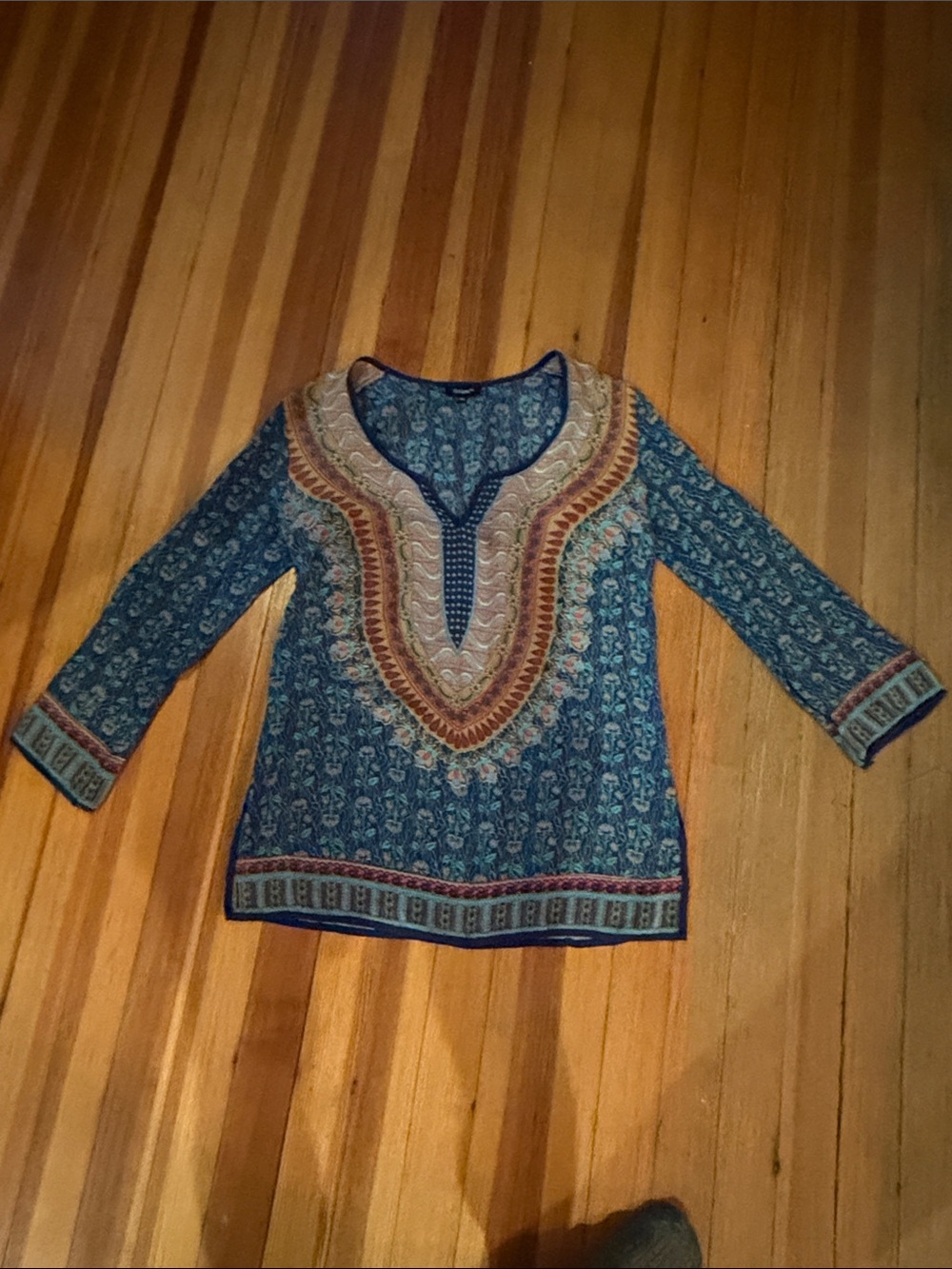 Tolani Teal Paisley Silk V-Neck Tunic Top